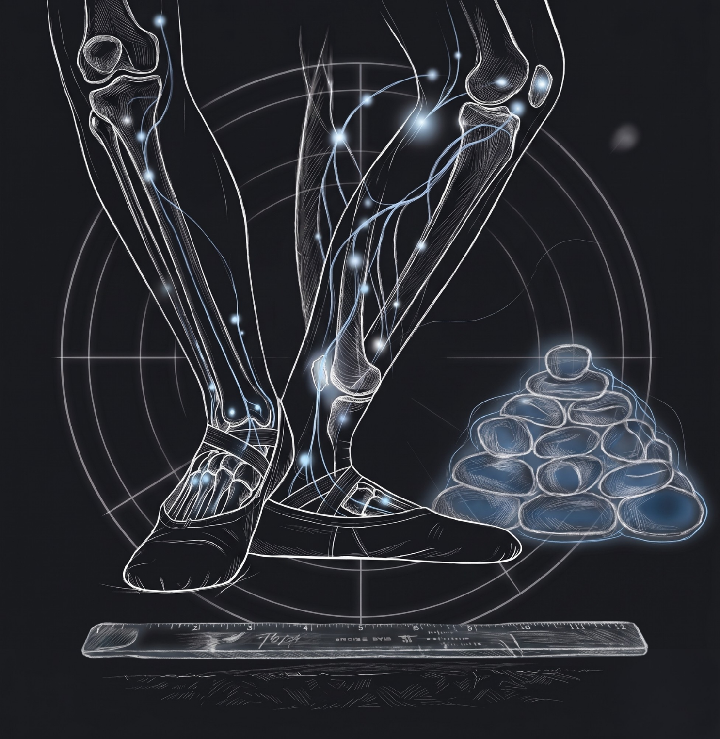 Anatomical illustration of legs in plié position with neural pathways